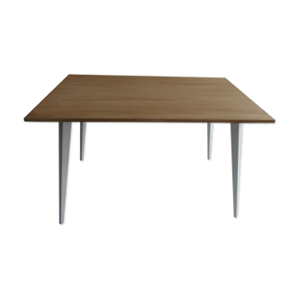 Table vintage avec rallonges ceinture et piètement compas gris perle, plateau bois