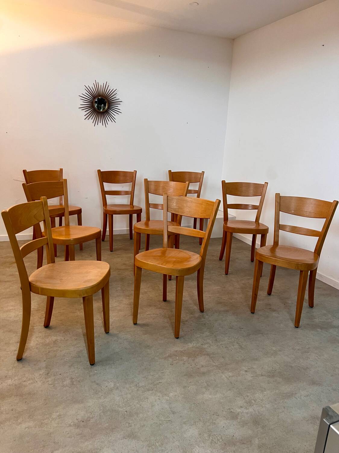 Set of 9 vintage wooden bistro chairs designed by Horgen Glarus