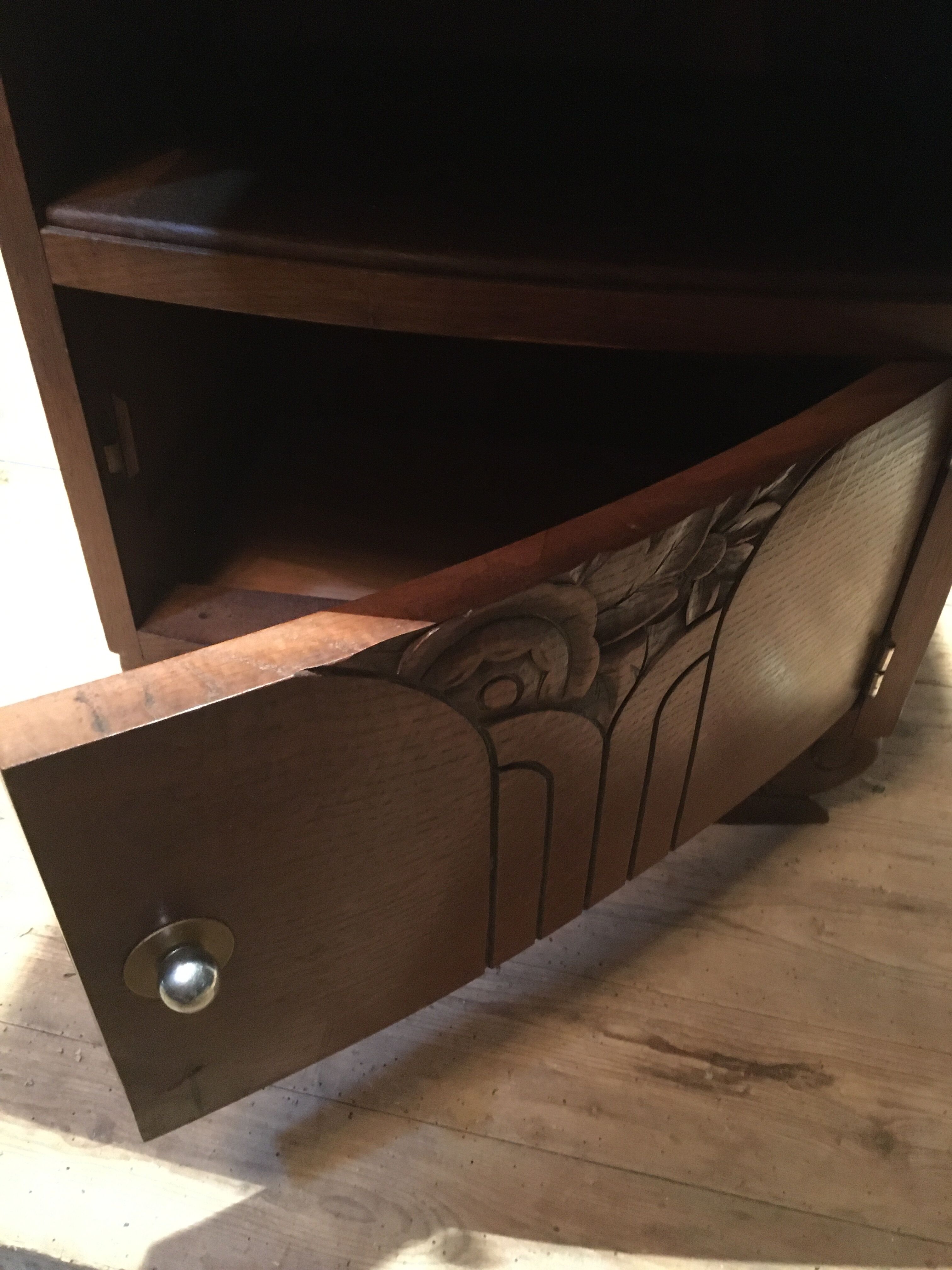 Solid oak bedside table with brown and white marble.