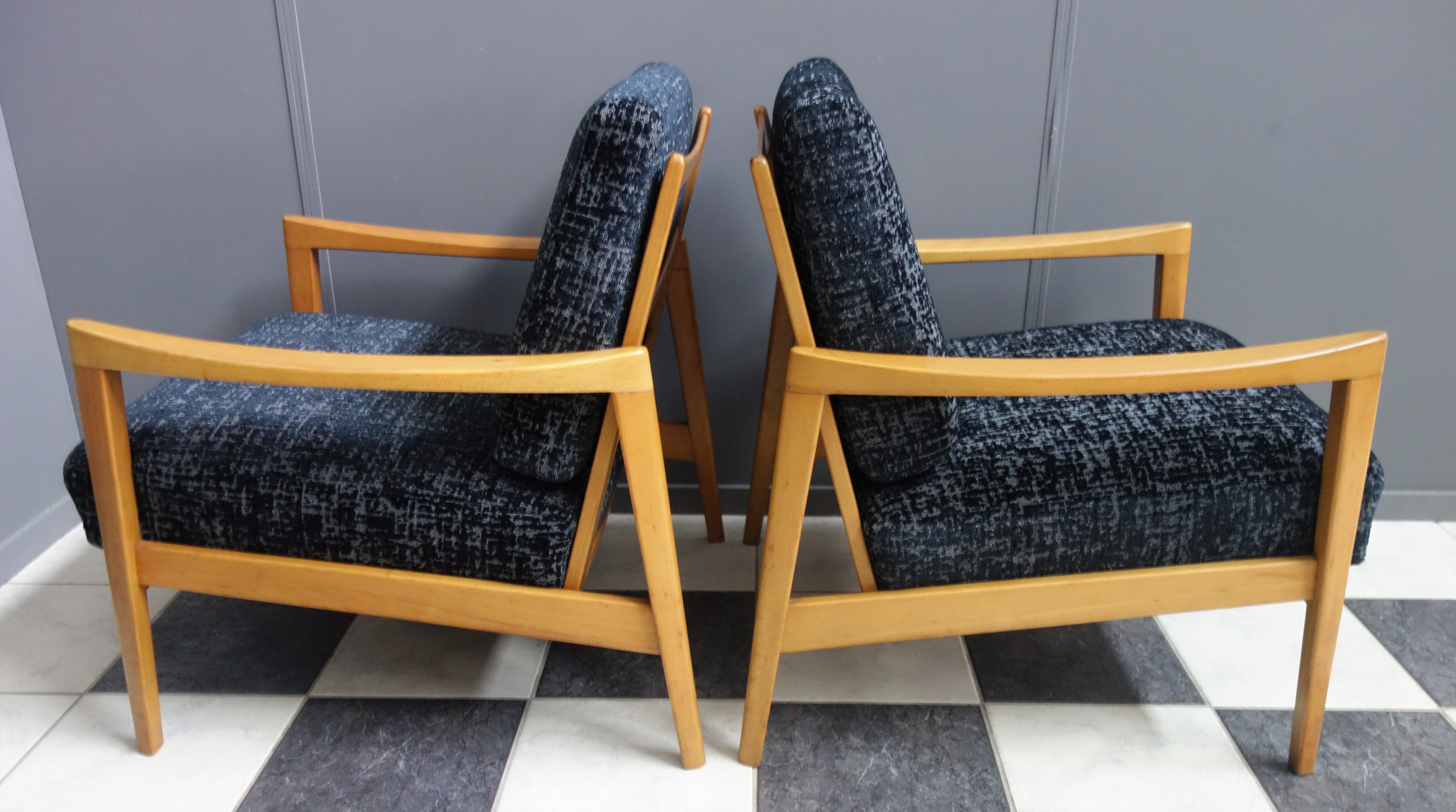 Black velvet-like fabric chairs in beech frame 1960s