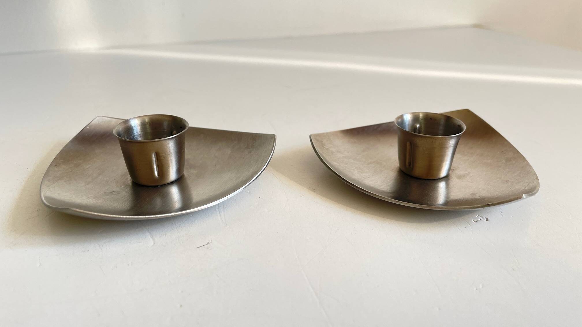Vintage brushed metal geometric candle holders