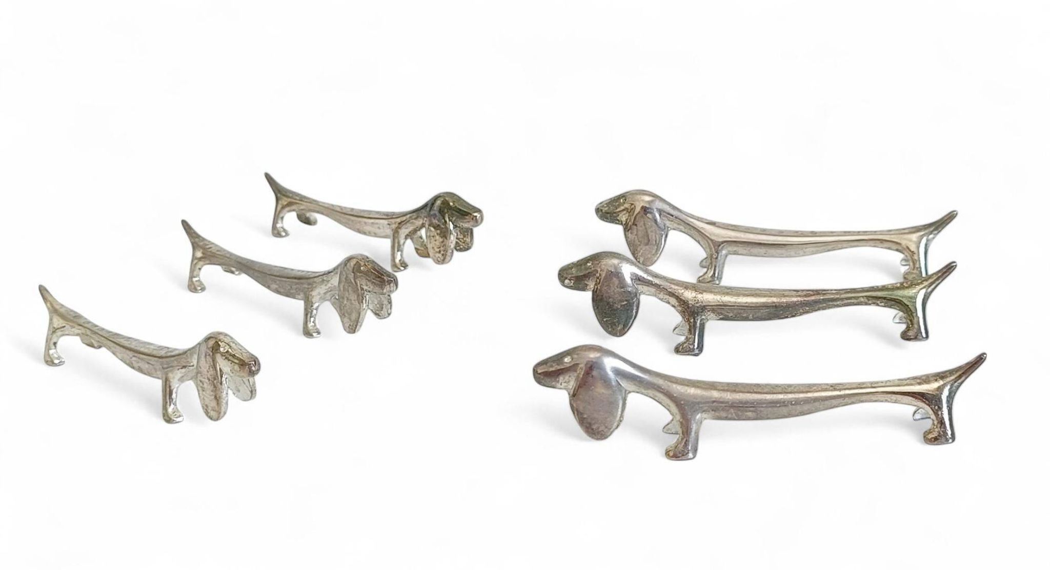 Vintage Knife Rests, Set of Six Silver Plated Dachshund Dogs, Italy, 20th-C
