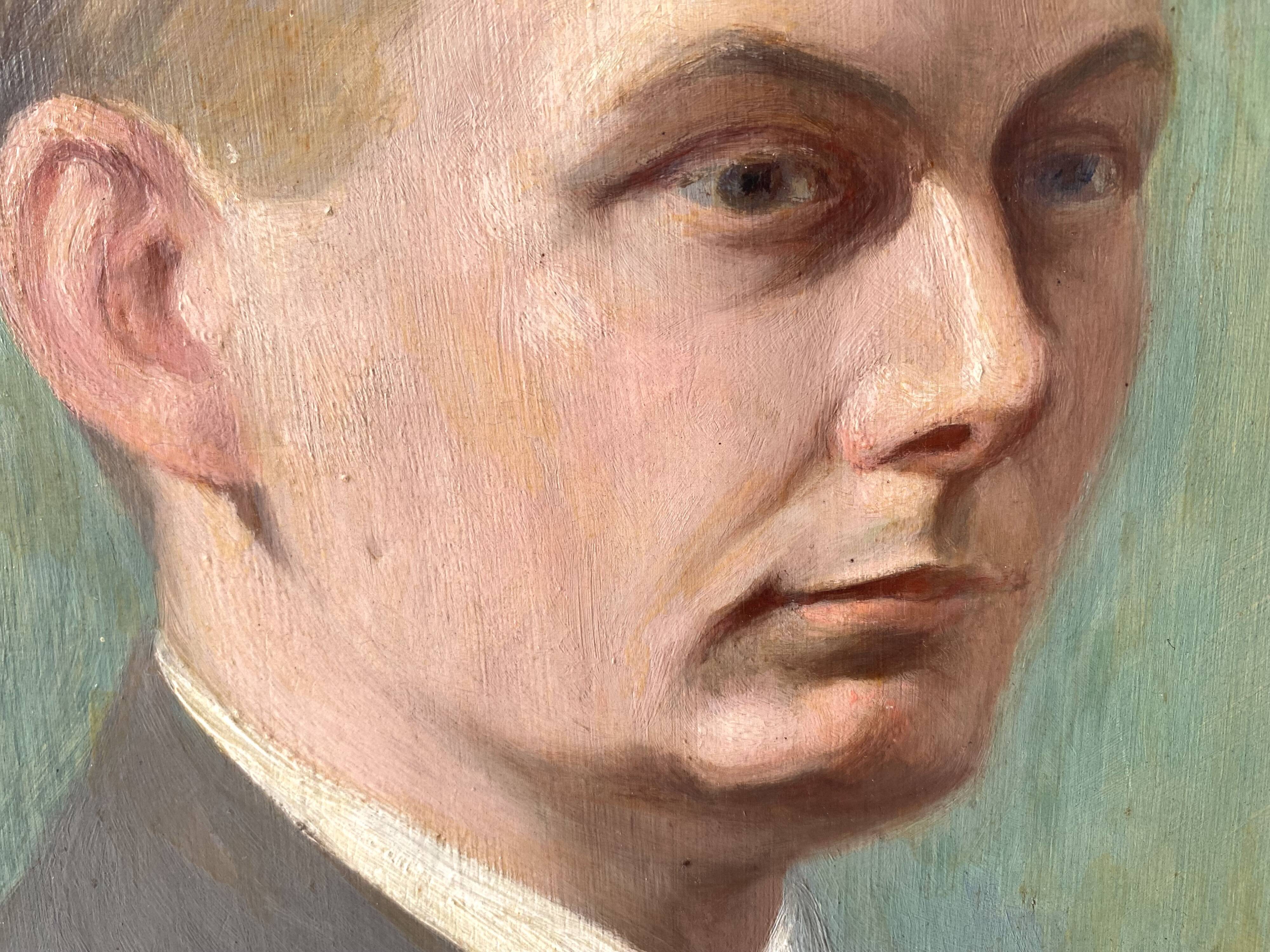 Old portrait in oil on panel 1920, vintage painting of a man signed Cagnet