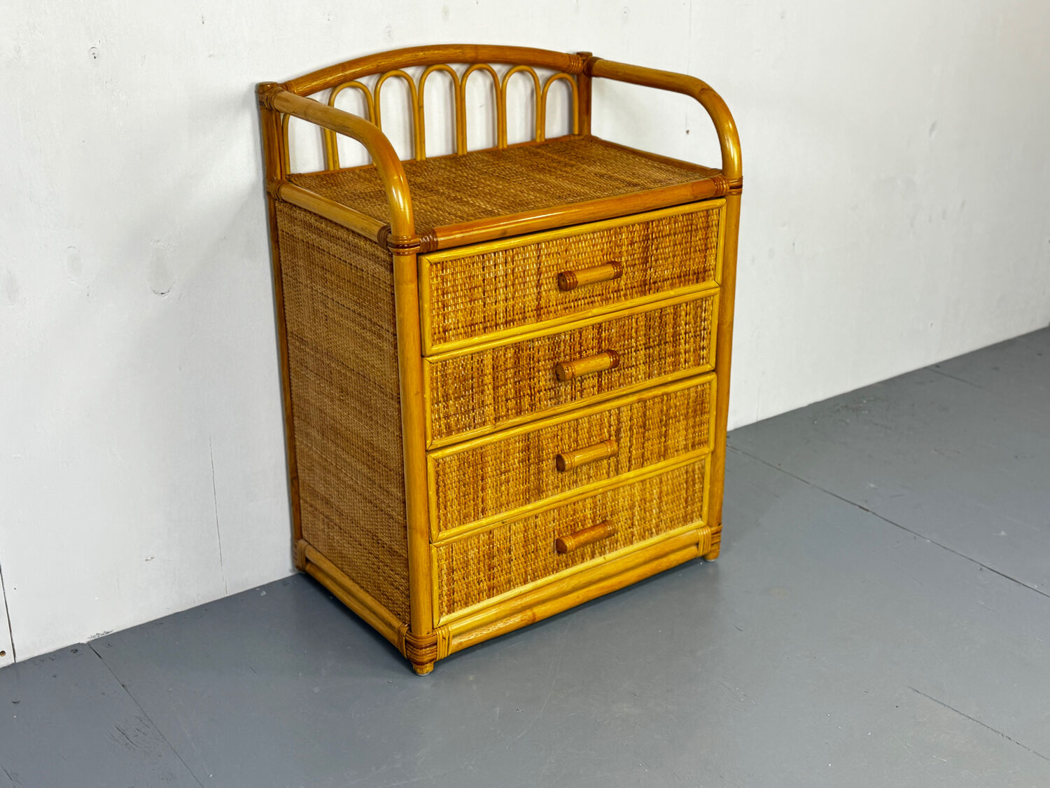 Vintage Rattan Bamboo Mid Century Chest of Drawers Bedside Table, 1960