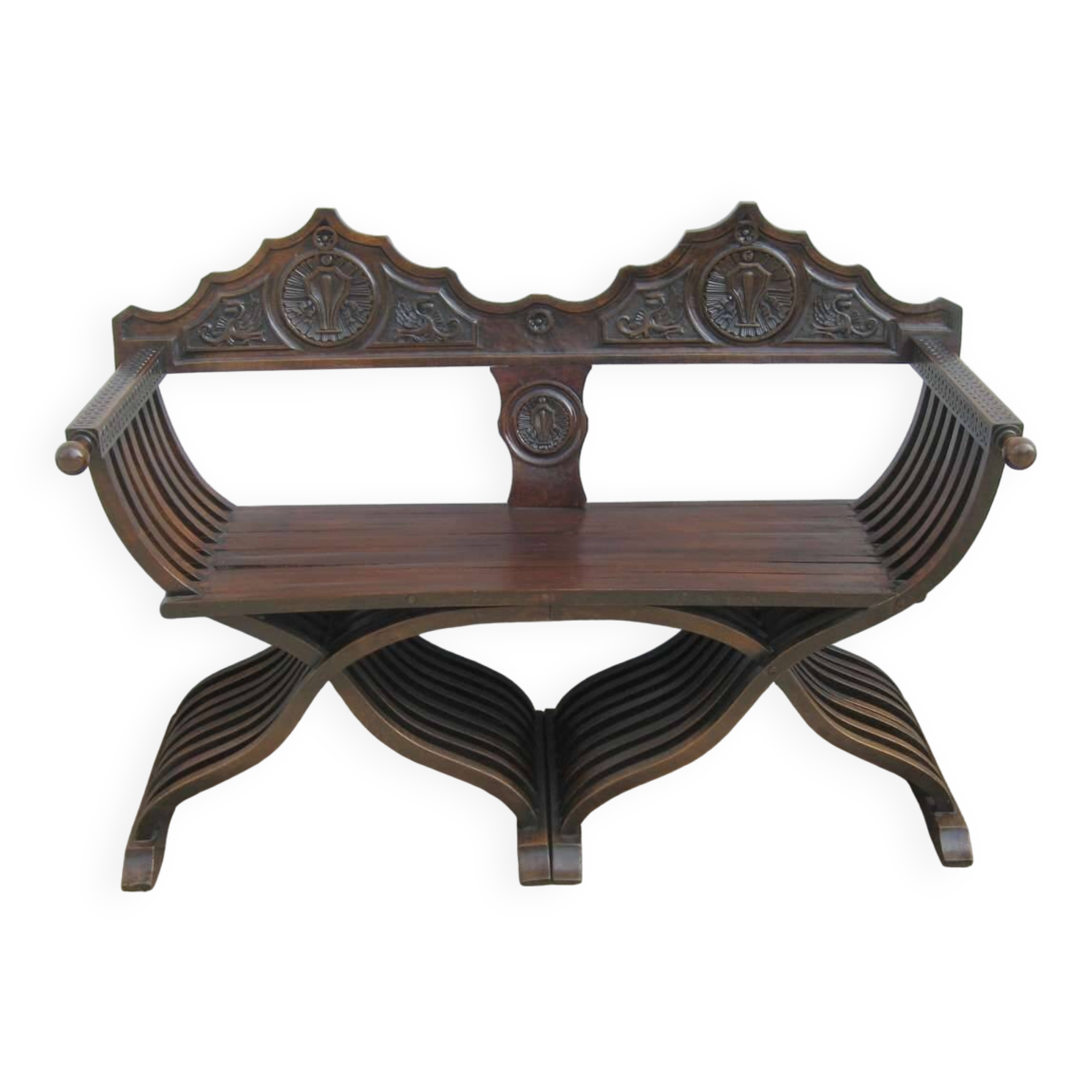 Restored antique Savonarole canapé with wax and yellow lacquer.