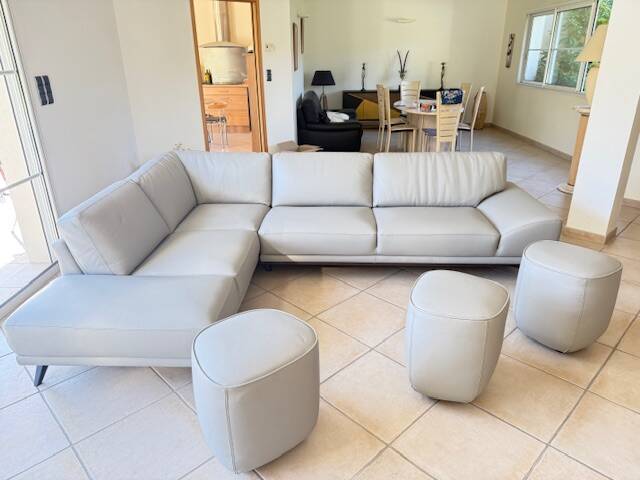 Roche bobois evidence corner sofa medium grey and 3 poufs