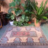 Old turkish rug 132x94 cm old vintage carpet ushak pink beige blue