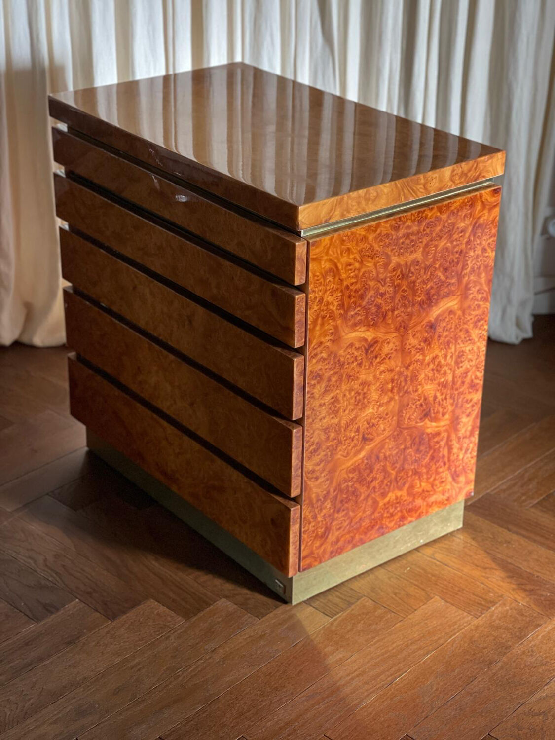 Lacquered elm burl chest of drawers by Jean Claude Mahey, 1970s.