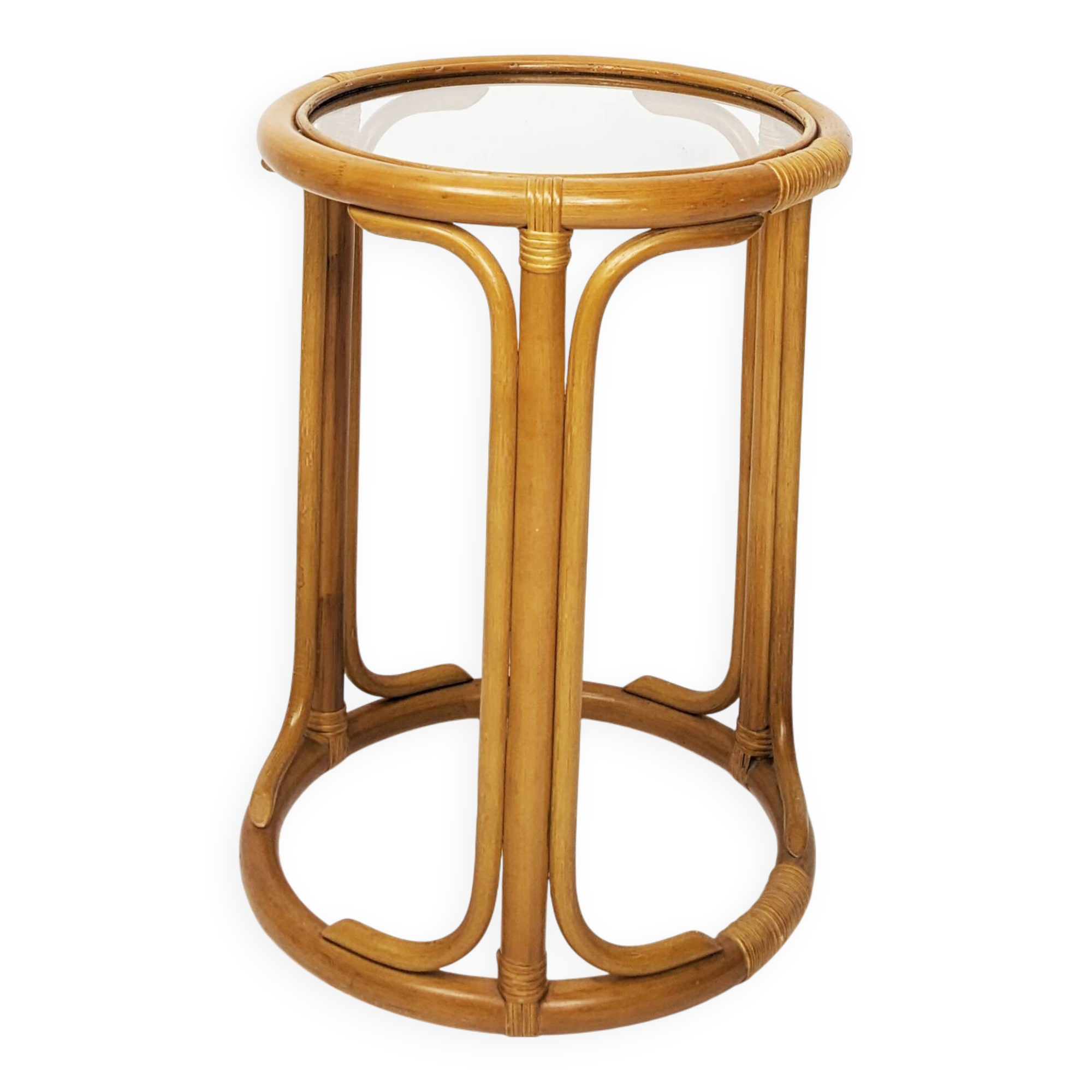 Table d'appoint bambou rond plateau en verre table basse midcentury boho salon petite table marron