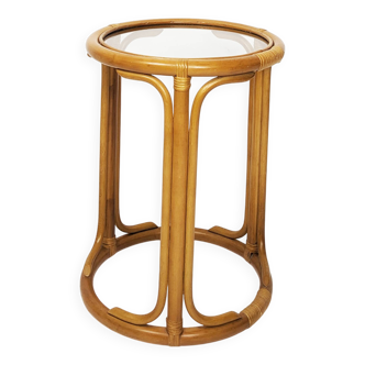 Table d'appoint bambou rond plateau en verre table basse midcentury boho salon petite table marron
