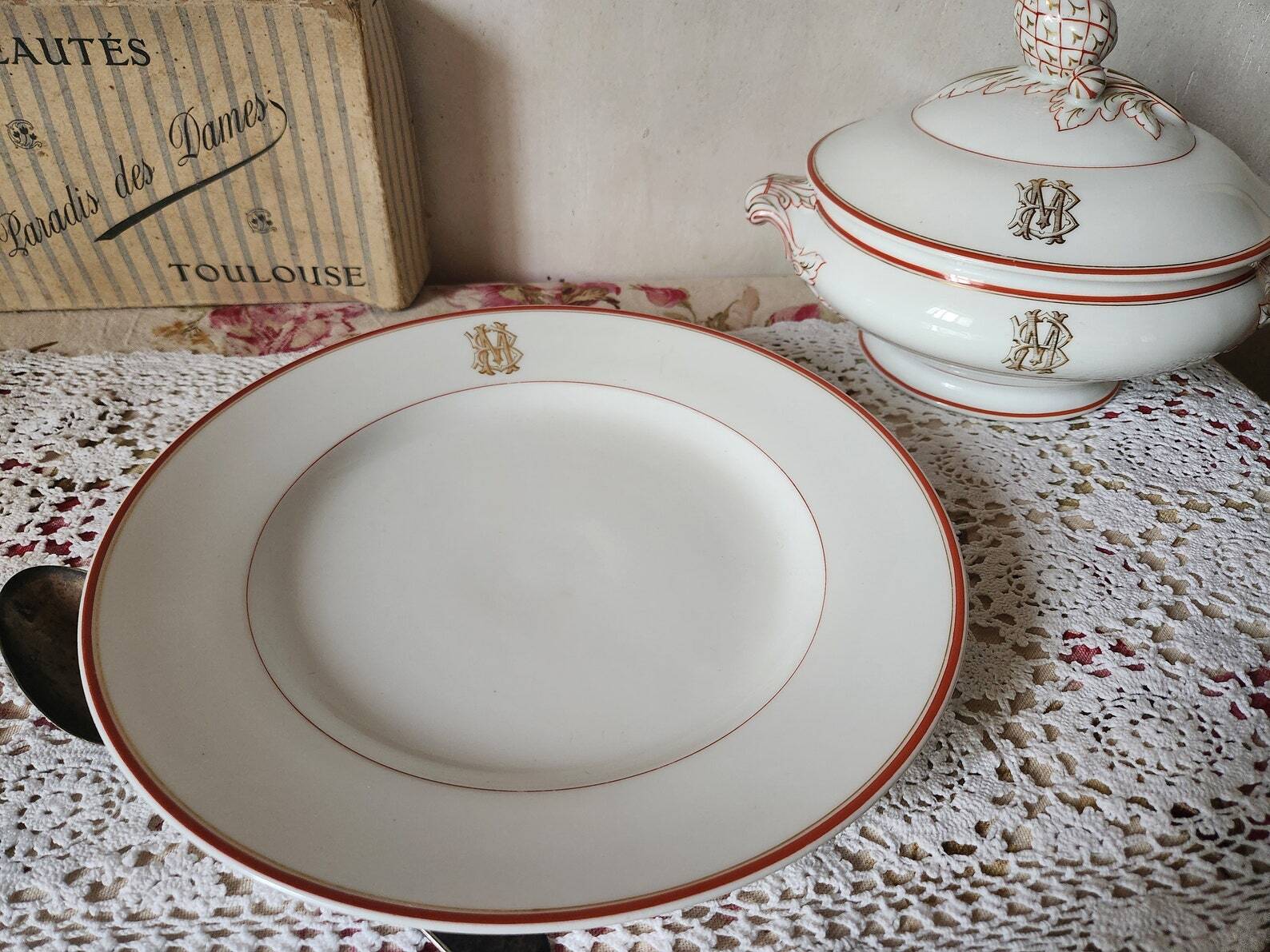 Circa 1900s Pillivuyt Gold 'BM' Monogrammed White Porcelain Soup Tureen