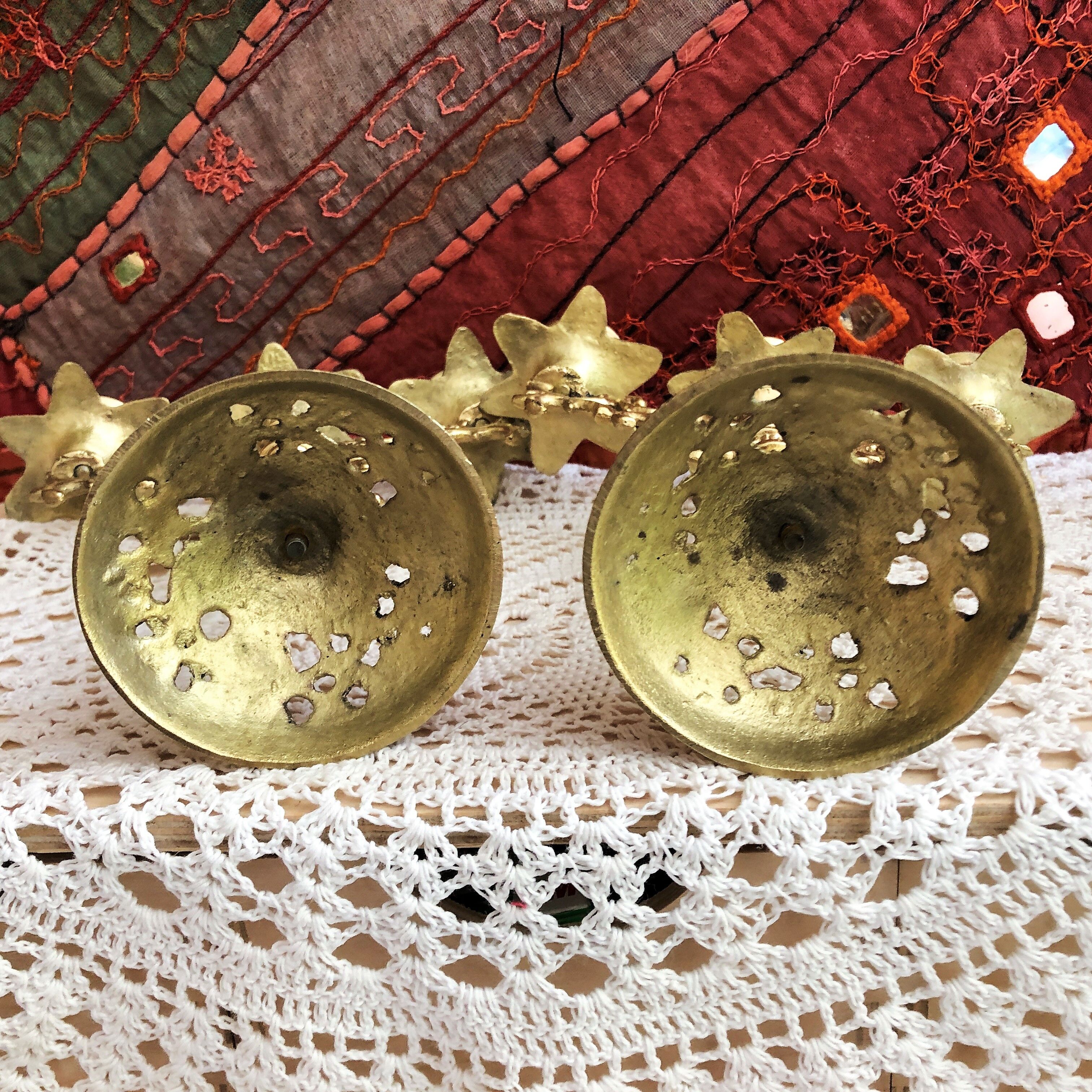 Pair of candlesticks 3 branches golden brass