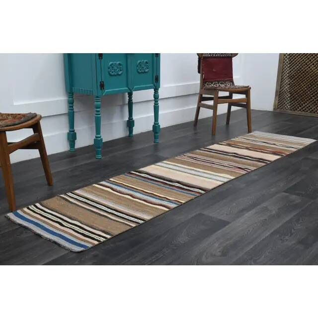 Vintage Turkish Oushak Handmade Wool Cotton Beige Runner Rug 62x284