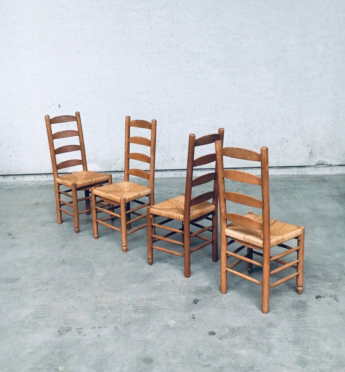 Rustic Oak and Rush High Ladder Back Dining Chairs, Belgium, 1950s, Set of 6