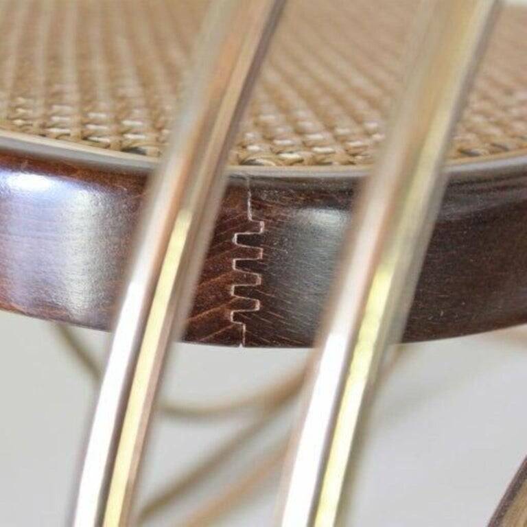 1970s Thonet-Style Rocking Chair, Brass & Wicker
