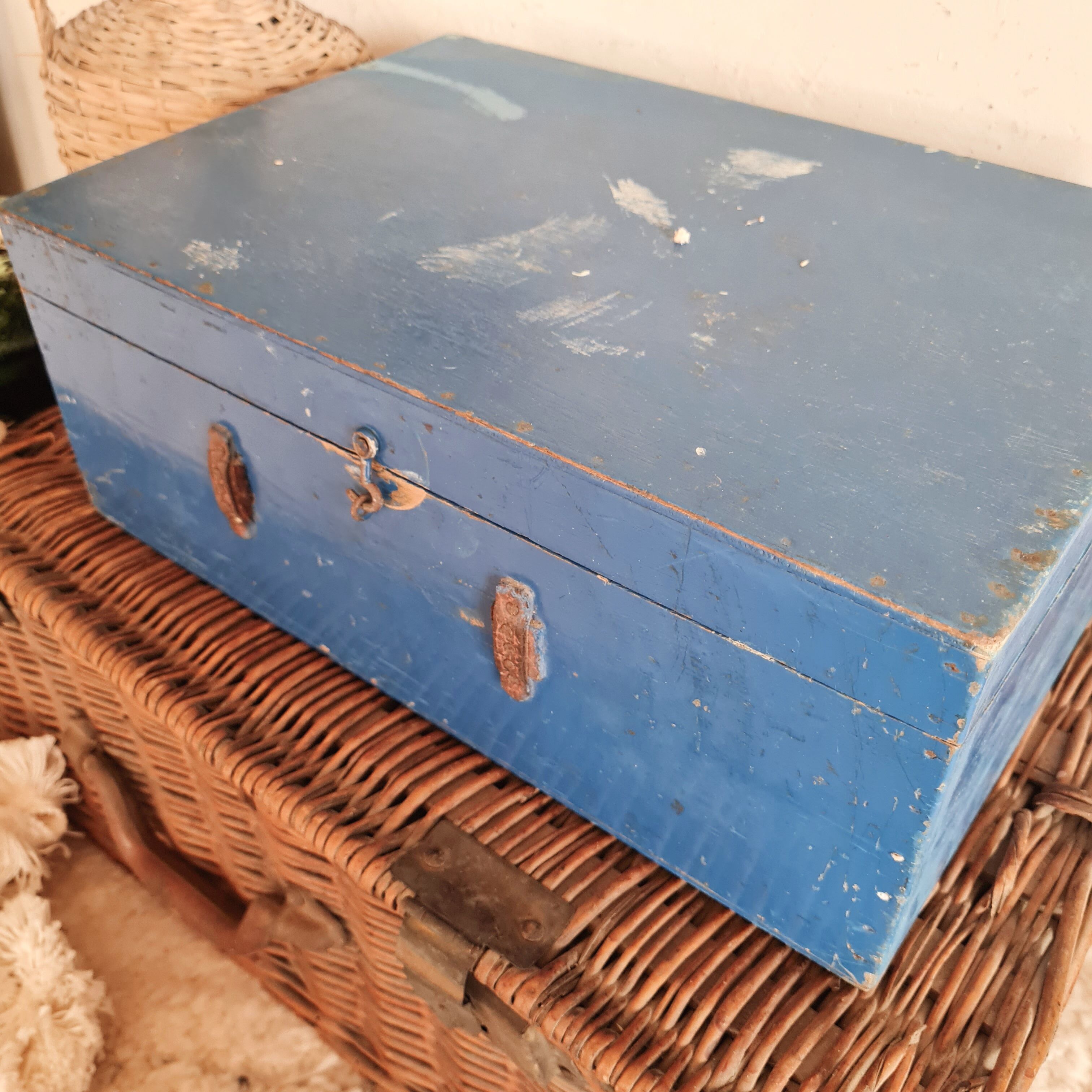 Blue old wooden trunk