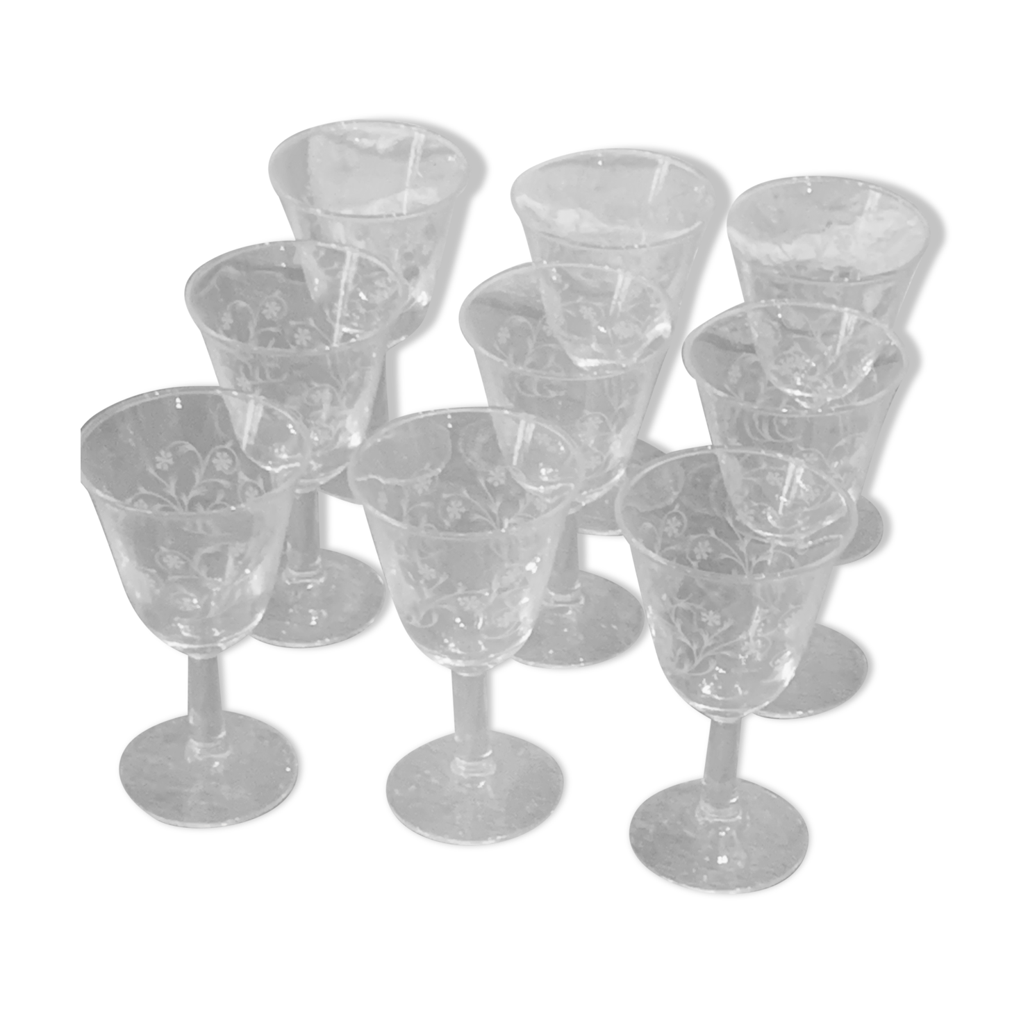 9 glasses tulip-shaped vintage blueberry pattern 1960