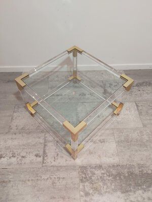 Set of 2 coffee tables in acrylic glass and brass, 1970s