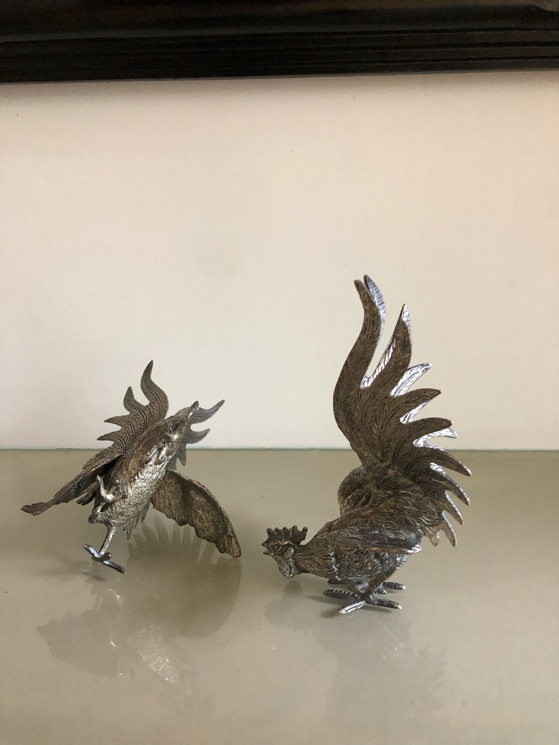 Vintage silver metal roosters