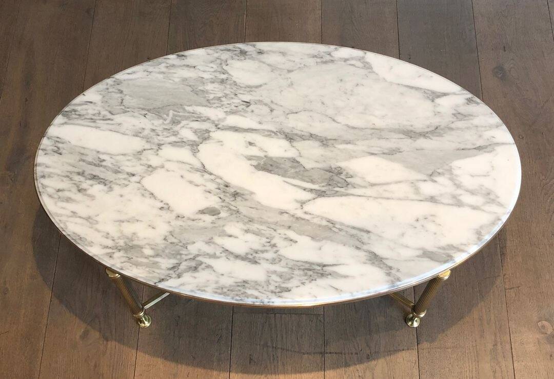 Neoclassical Oval Coffee Table in Brass and Carrara Marble, Janse House