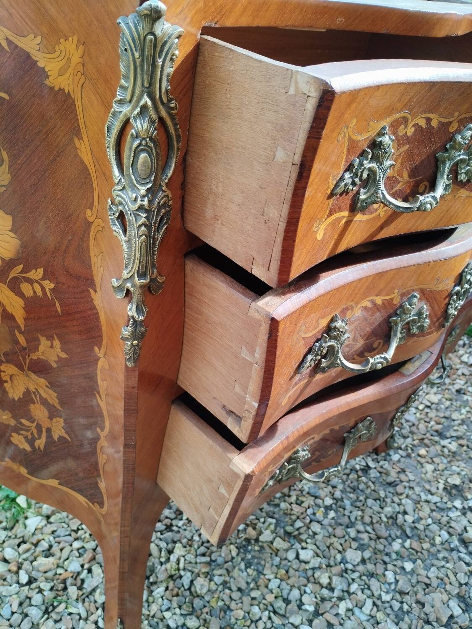 Louis xv style marble top marquetry chest of drawers