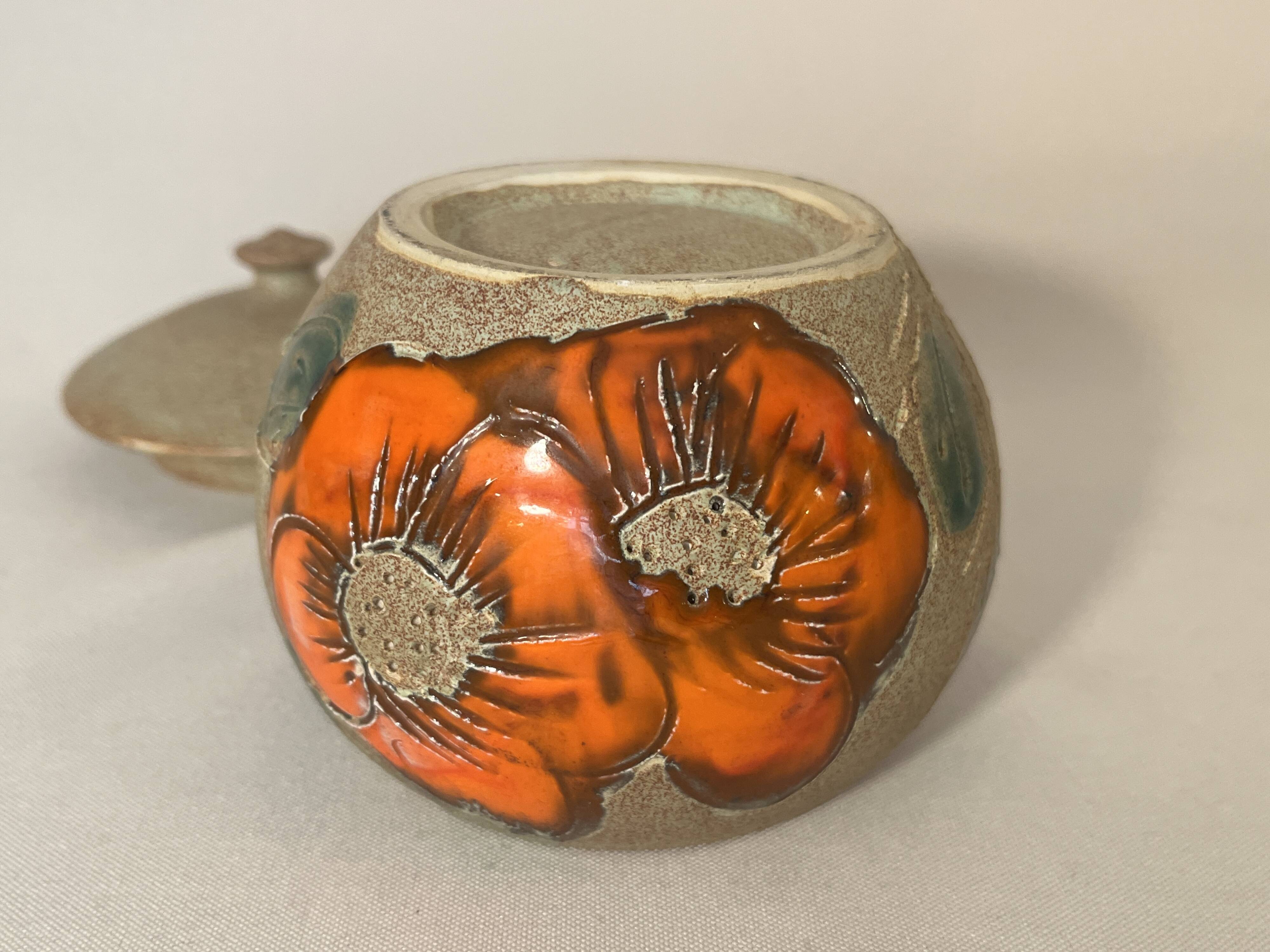 Beige ceramic candy box with orange flowers, vintage 1970s sugar bowl