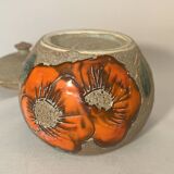 Beige ceramic candy box with orange flowers, vintage 1970s sugar bowl