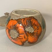 Bonbonnière en céramique beige et fleurs orange pot vintage 1970 sucrier