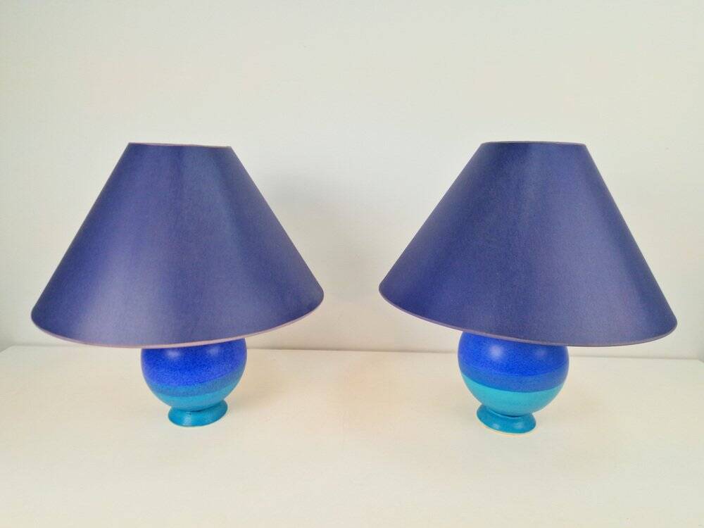 Lampes de table sphériques en céramique bleue vintage, années 1970, ensemble de 2