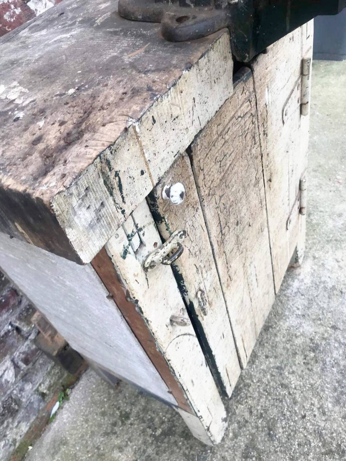 Vintage workbench with vice, old trade furniture