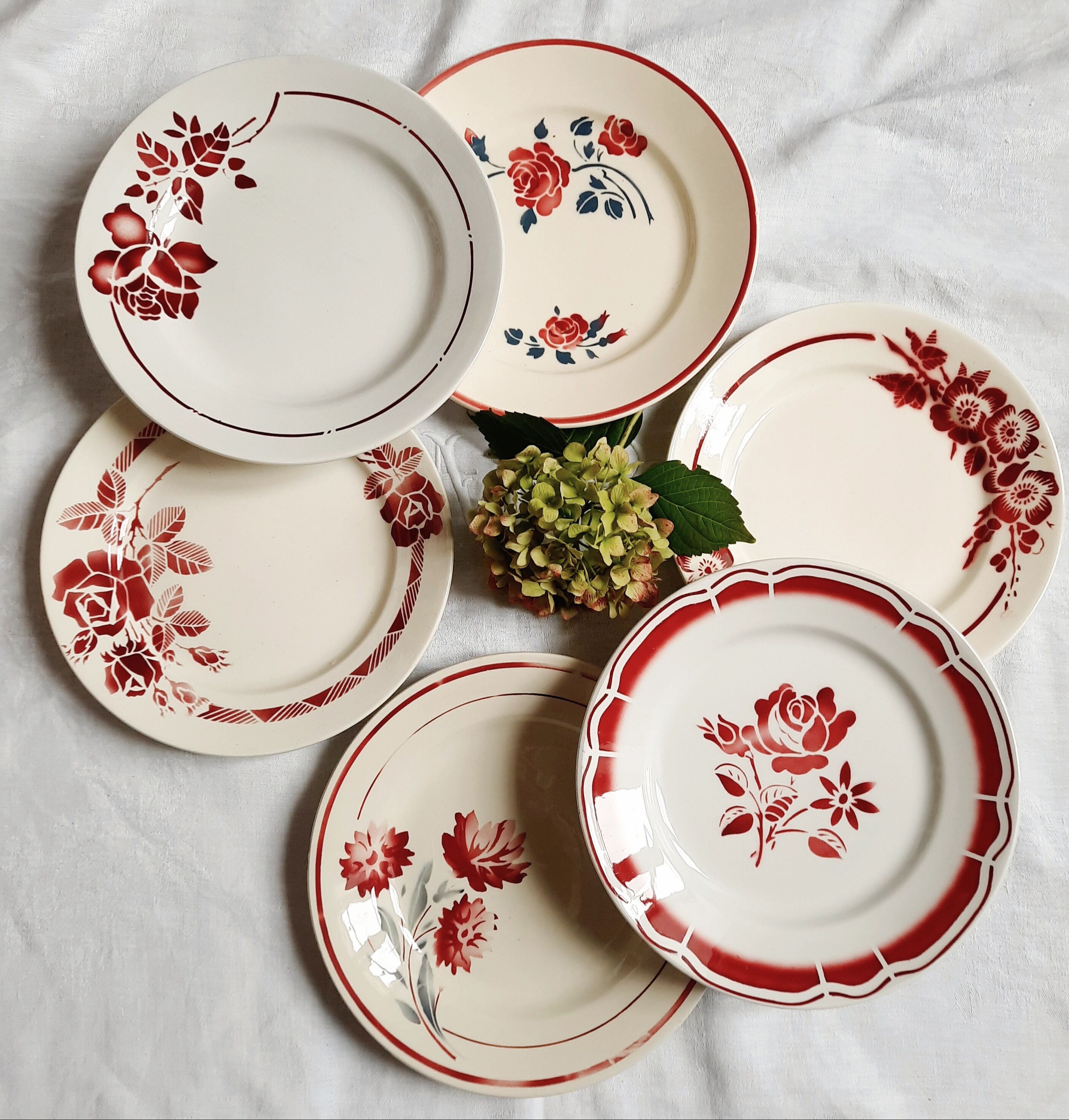 6 old flat plates mismatched in earthenware