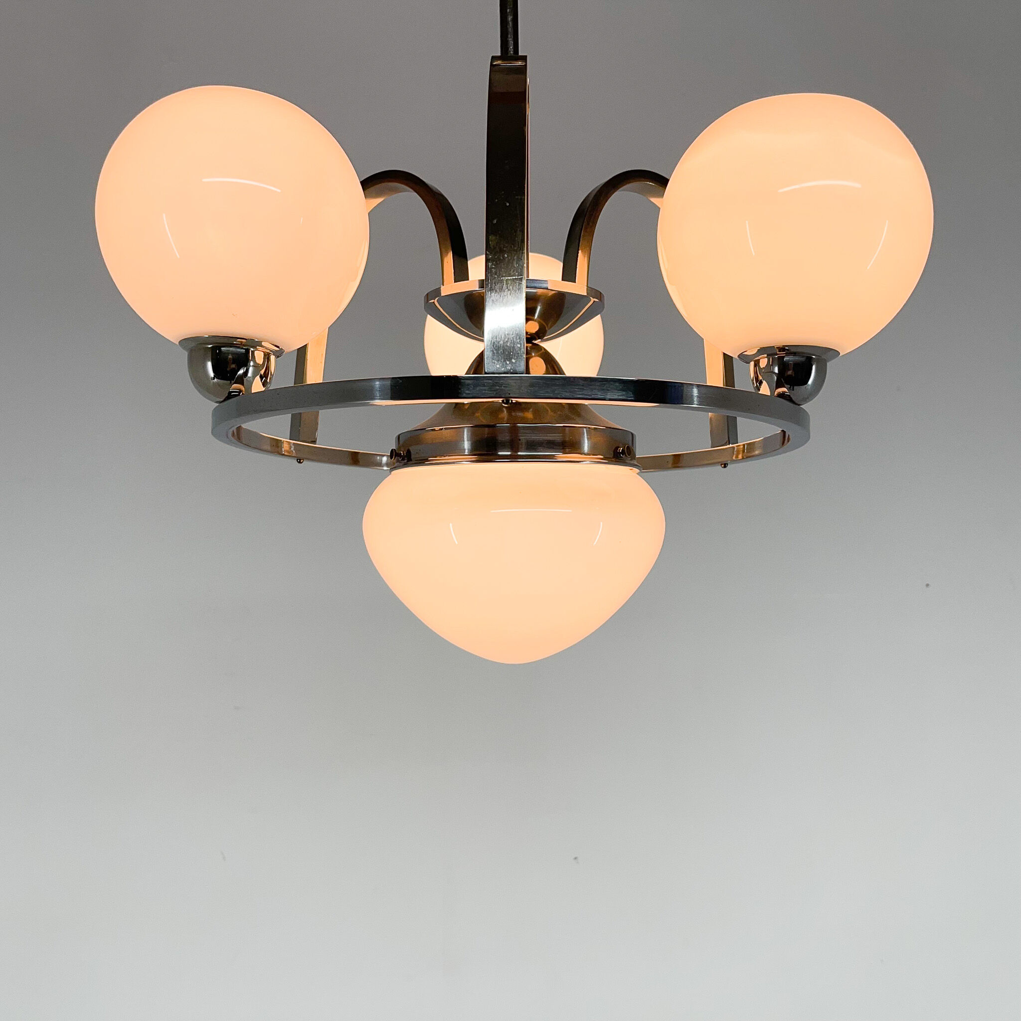 Art Deco Chrom & Milk Glass Chandelier, Restored, 1930's