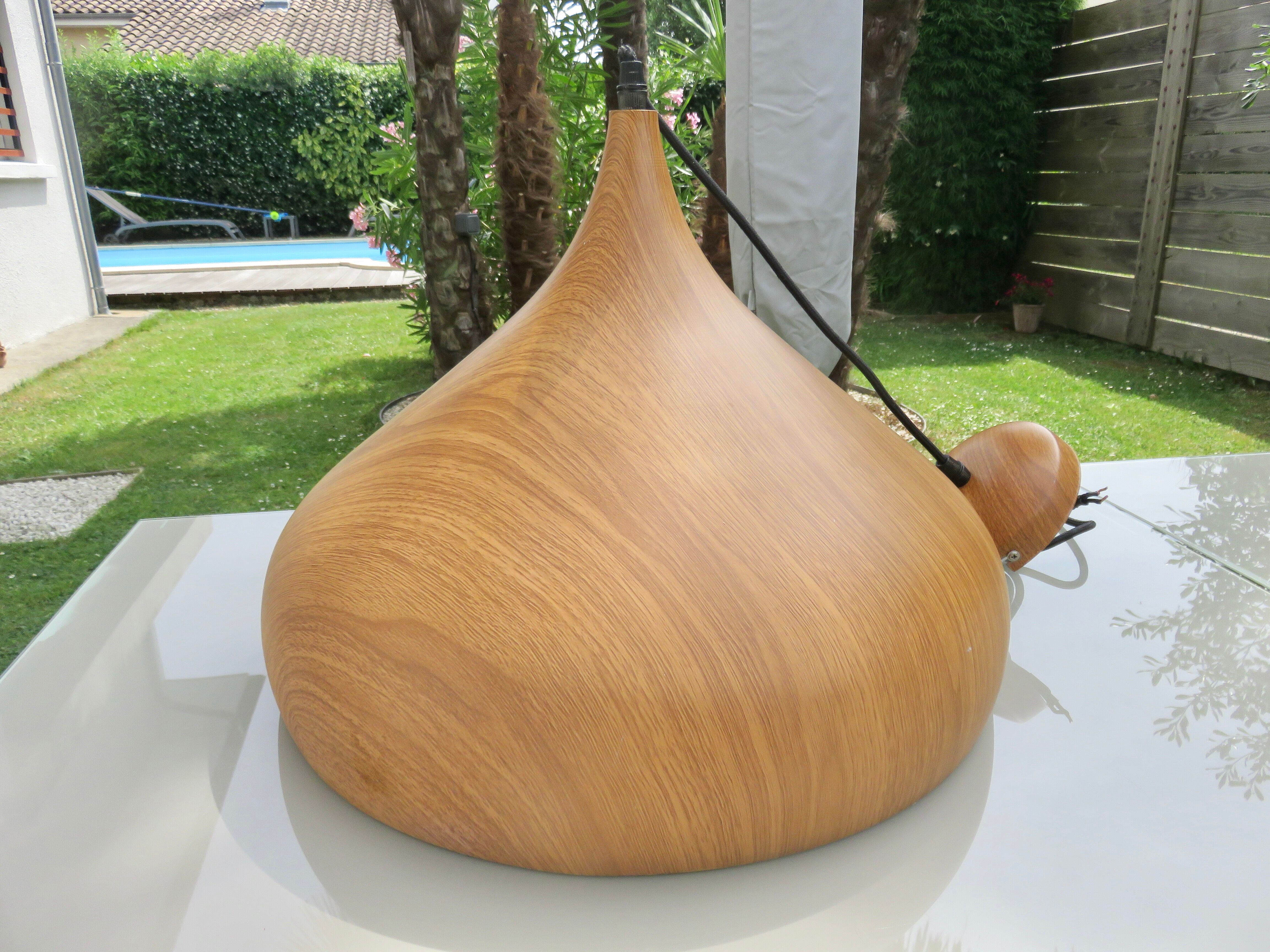 Scandinavian metal pendant light with a faux wood finish, 1980s.