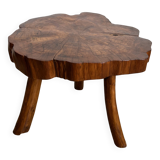 Brutalist coffee table, elm slice, tripod, 1960s