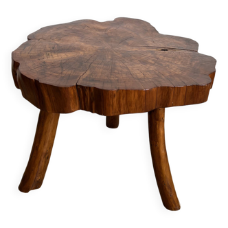 Brutalist coffee table, elm slice, tripod, 1960s