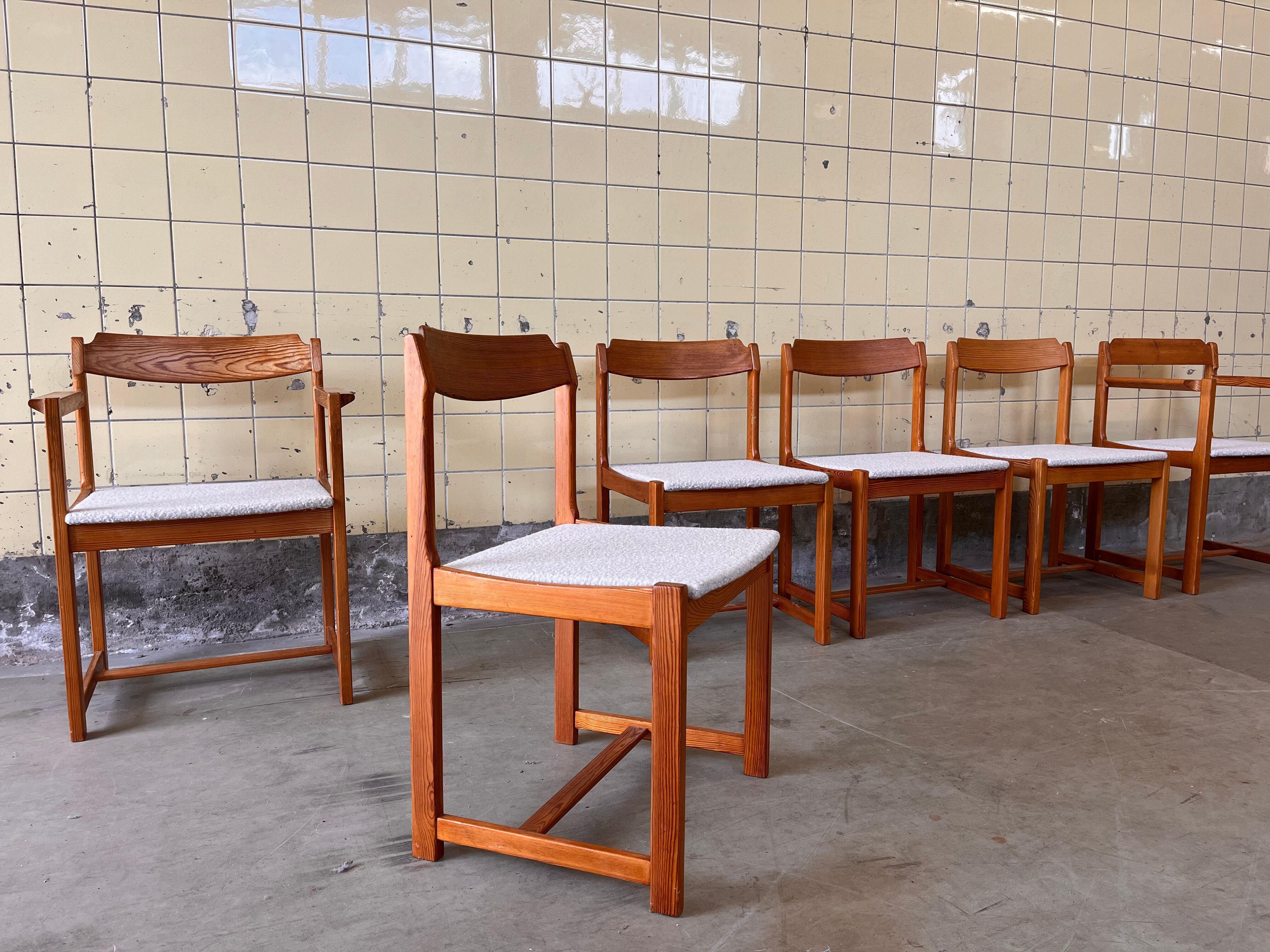 Set of six brutalist dining chairs in pine