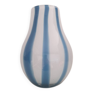 Beautiful white glass vase with blue stripes from the 80s.