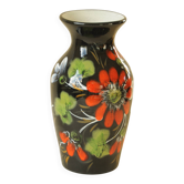 Vase vintage noir céramique décor floral peint – fleurs stylisées colorées