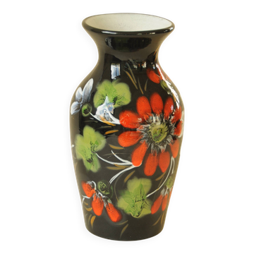 Vase vintage noir céramique décor floral peint – fleurs stylisées colorées