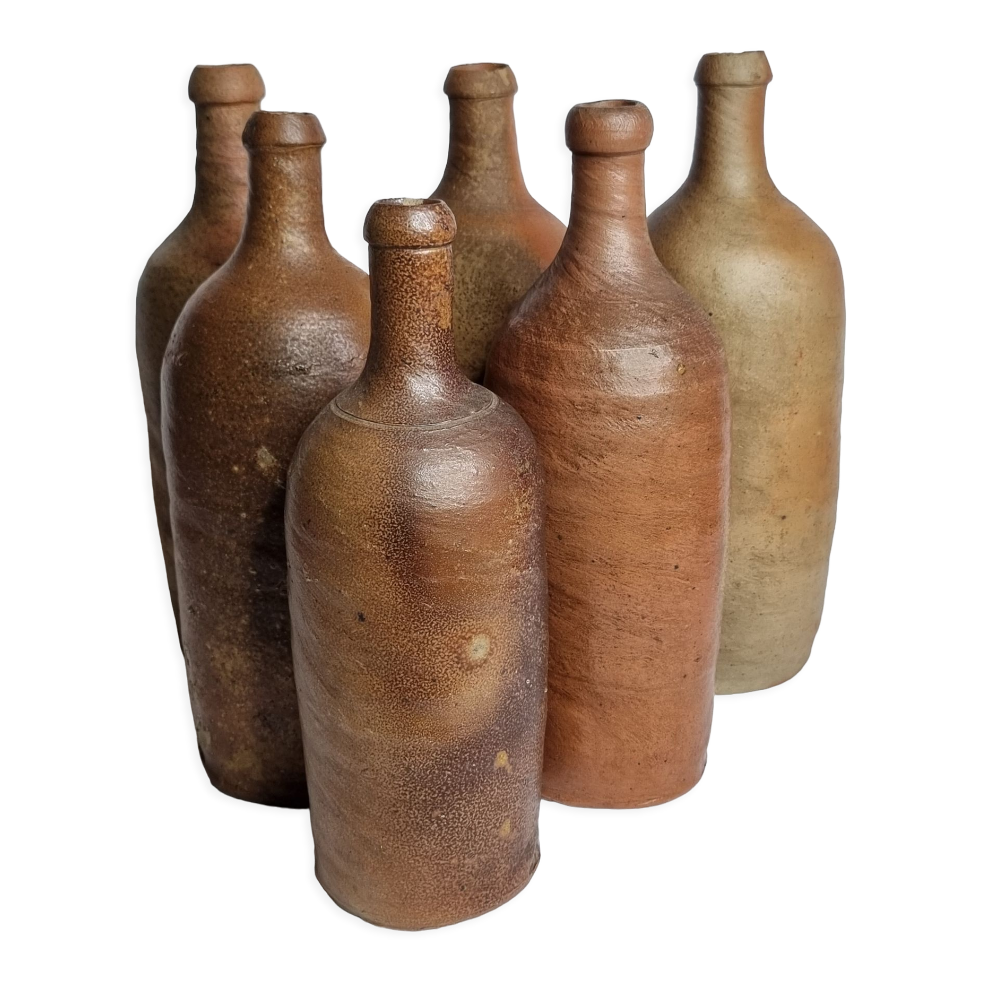Set of 6 hand-turned stoneware bottles, 31 cm