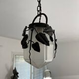 Antique glass and wrought iron pendant light with ivy decor Art Deco chandelier globe