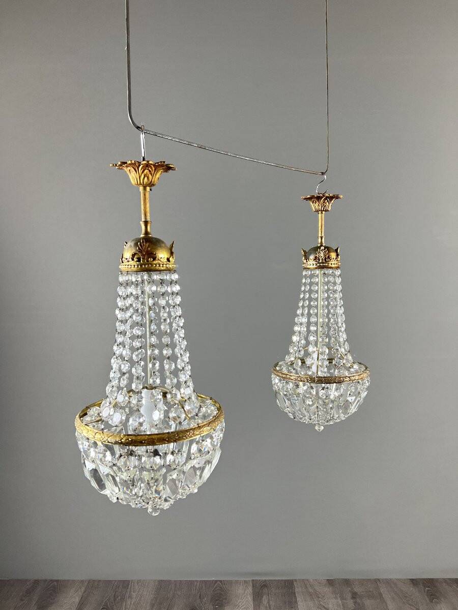 Pair of bronze and crystal chandelier pendants, late 19th century.