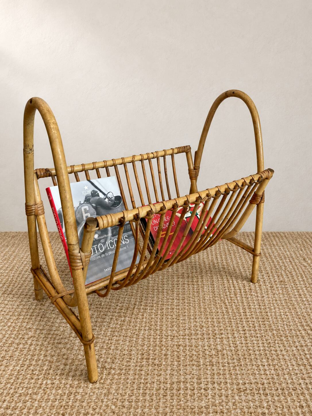 1970s rattan magazine rack