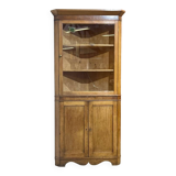19th-century English corner cabinet in oak, mahogany, and fir.