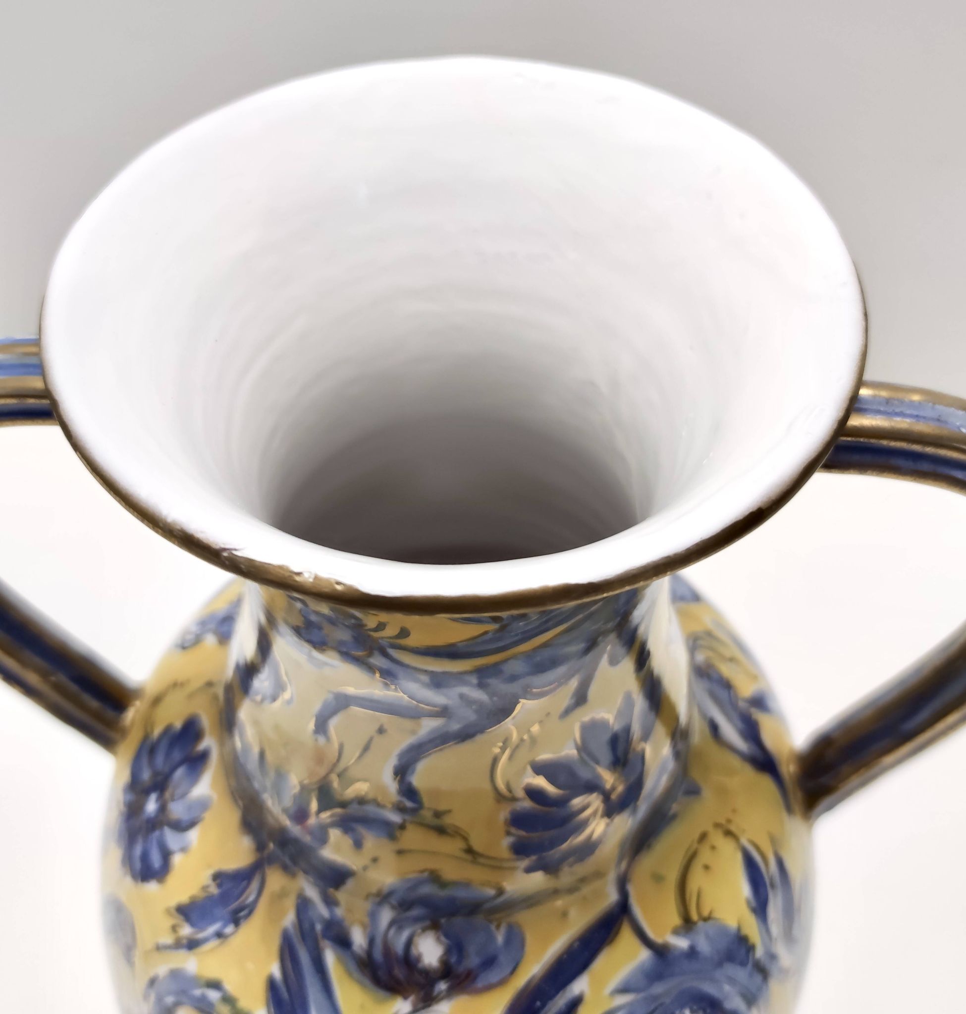 Vintage Handmade Yellow and Blue Glazed Ceramic Amphora by Zulimo Aretini, Italy