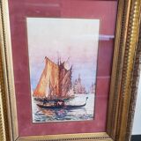 Watercolor painting "Gondola in Venice" by Alfred Justin Blondeau (XIXth).