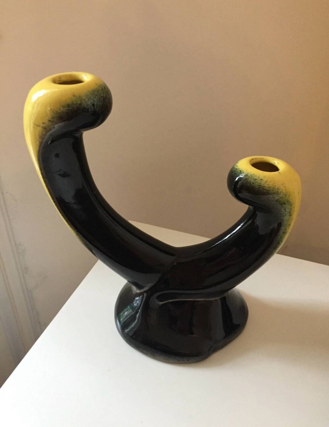 Pair of 1950s candlesticks in yellow and black ceramic in the Vallaur style