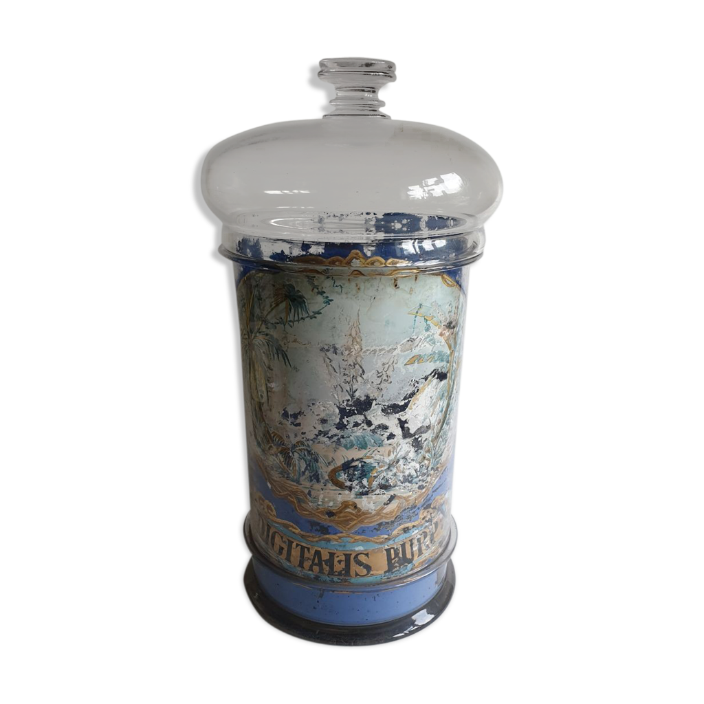 Antique french apothecary jar with lid reverse gilt & painted 19th