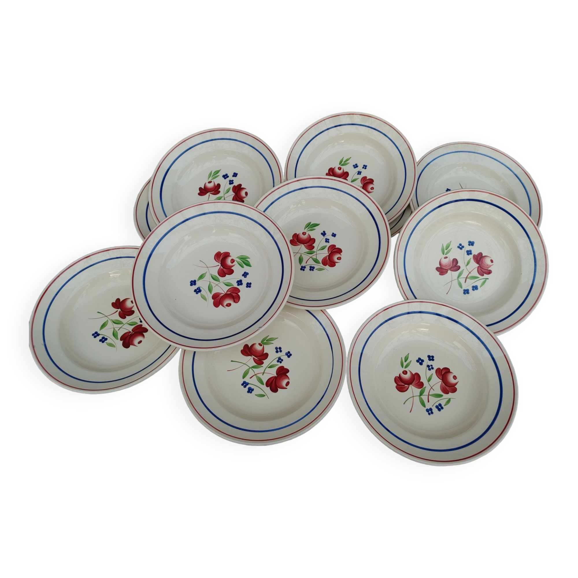 11 Deep Plates “Lunéville” Bagatelle model, Floral decoration Ø 23 cm