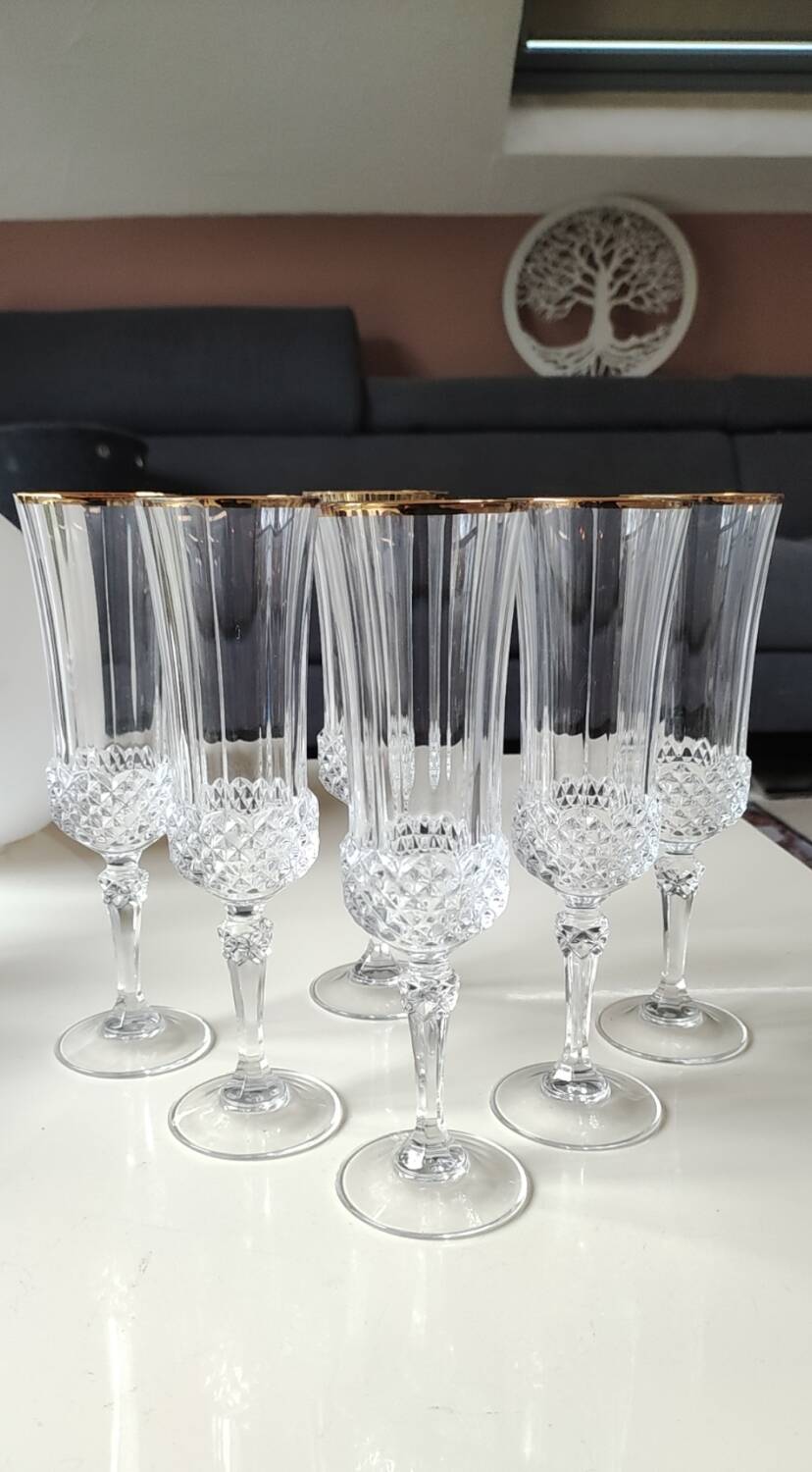 Lot of 6 x Champagne Flutes crystal/Valencay Gold/Crystal d'Arques